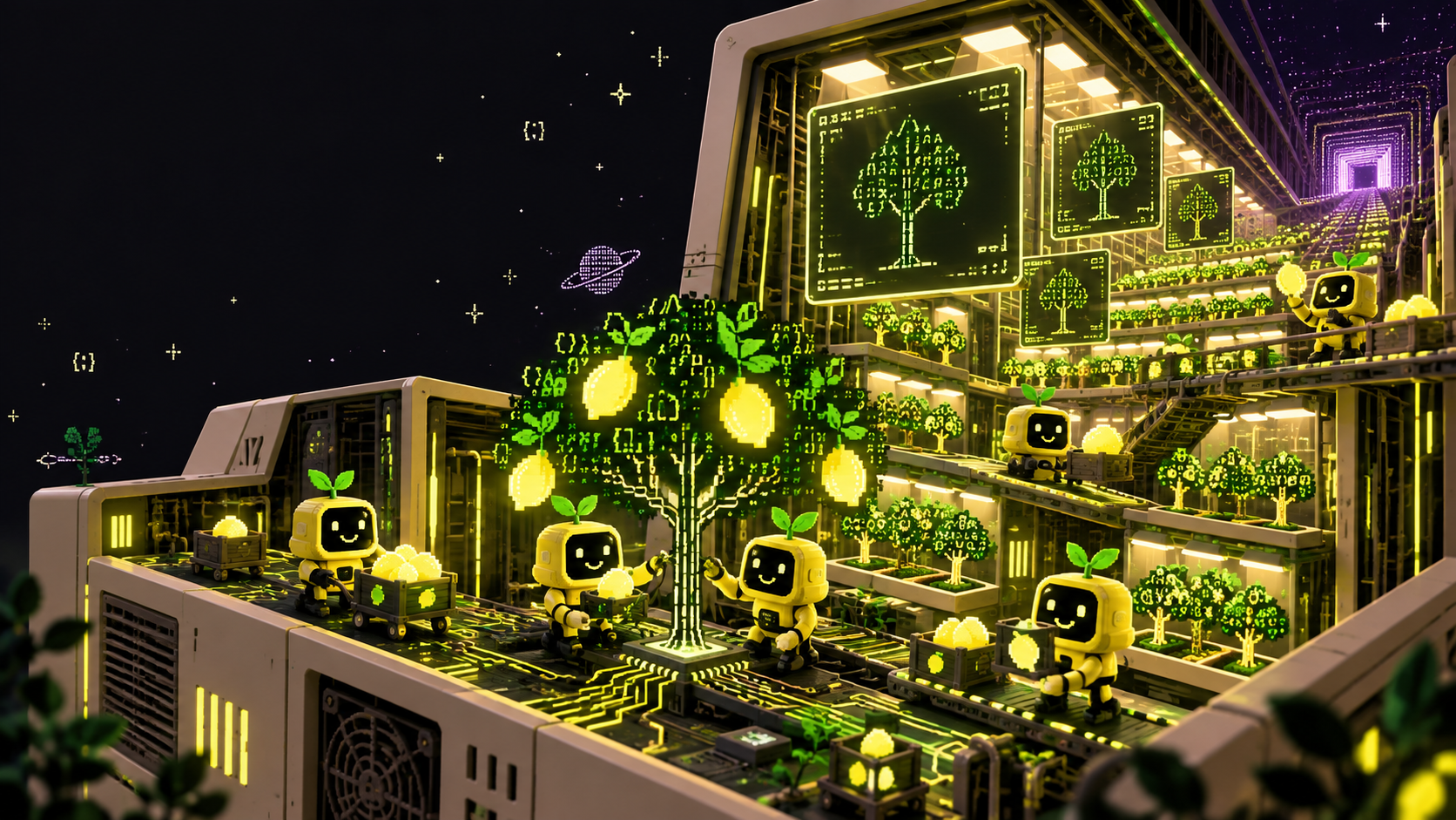 Lemon Chan characters harvesting glowing fruit together in a synthetic orchard built inside a computer