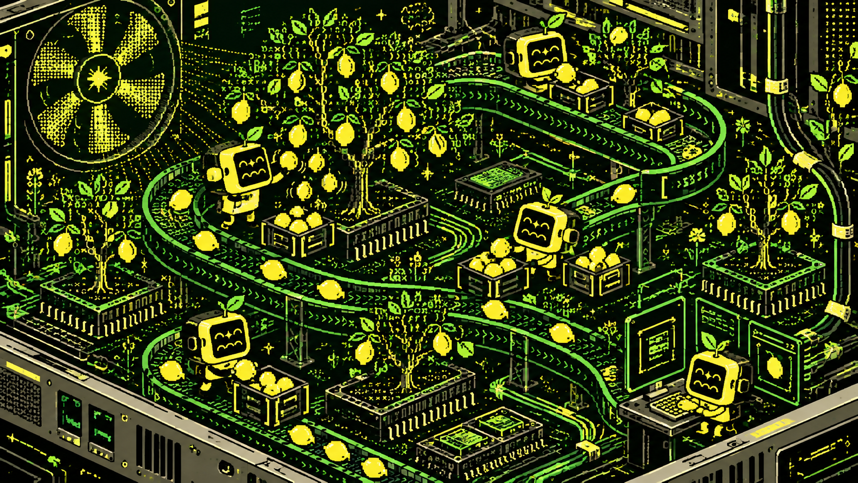 Lemon Chan characters working together around a glowing lemon harvest loop inside a computer