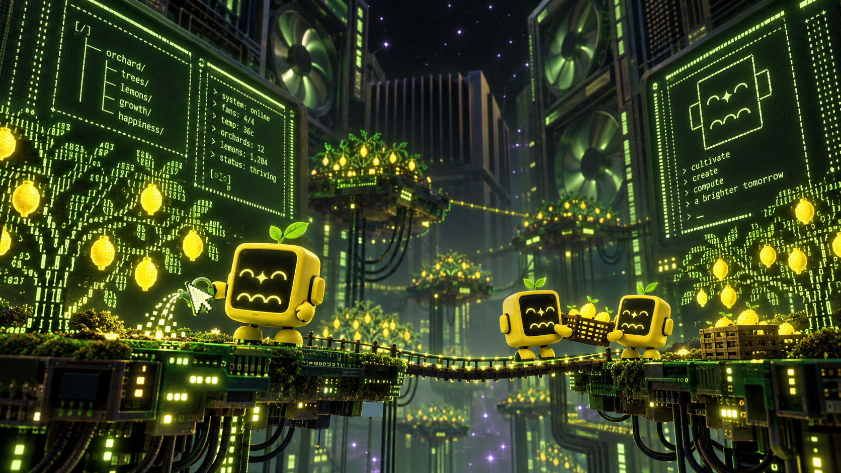 Concept illustration of Lemon Chans tending a glowing computer orchard at night